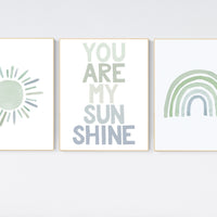 Nursery prints rainbow, gender neutral, sage green nursery wall decor, rainbow, sun, your are my sunshine, nursery decor neutral, green