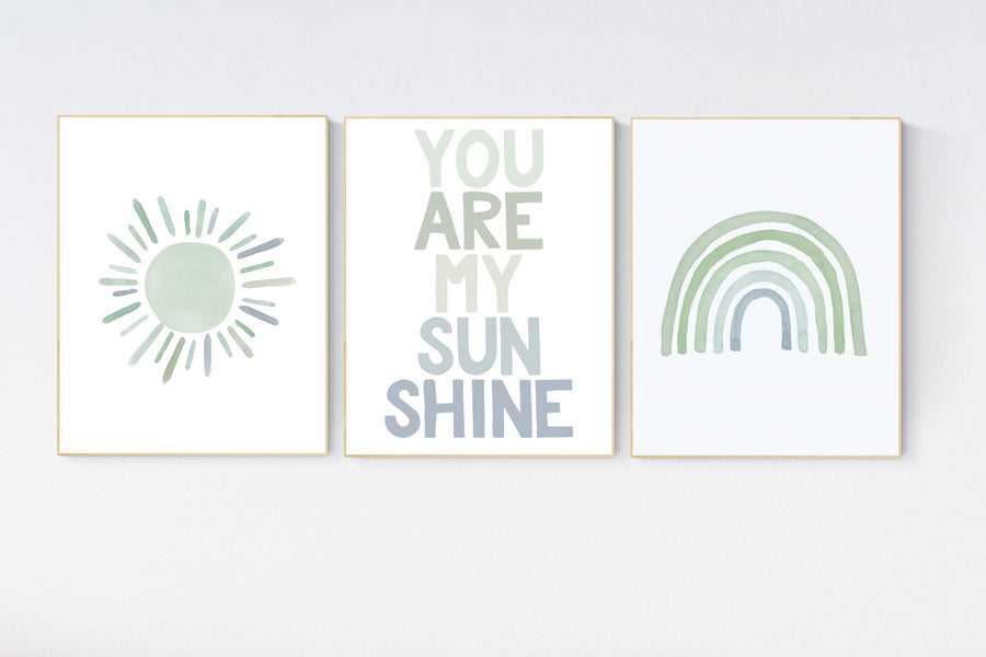 Nursery prints rainbow, gender neutral, sage green nursery wall decor, rainbow, sun, your are my sunshine, nursery decor neutral, green