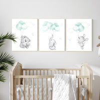 Mint nursery wall art, gender neutral, elephant nursery wall art, animal prints, bear nursery, rabbit nursery, mint green, twin nursery