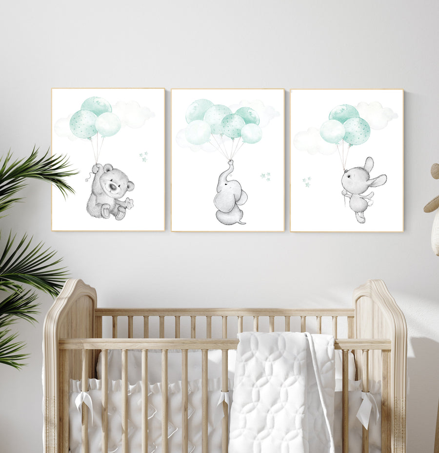 Mint nursery wall art, gender neutral, elephant nursery wall art, animal prints, bear nursery, rabbit nursery, mint green, twin nursery
