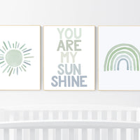 Nursery prints rainbow, gender neutral, sage green nursery wall decor, rainbow, sun, your are my sunshine, nursery decor neutral, green