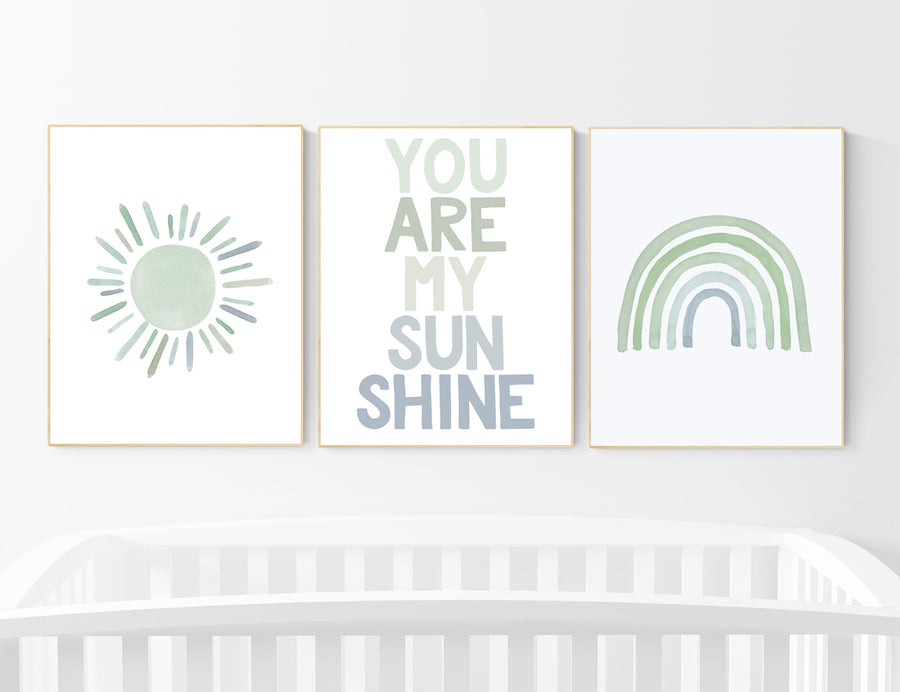 Nursery prints rainbow, gender neutral, sage green nursery wall decor, rainbow, sun, your are my sunshine, nursery decor neutral, green