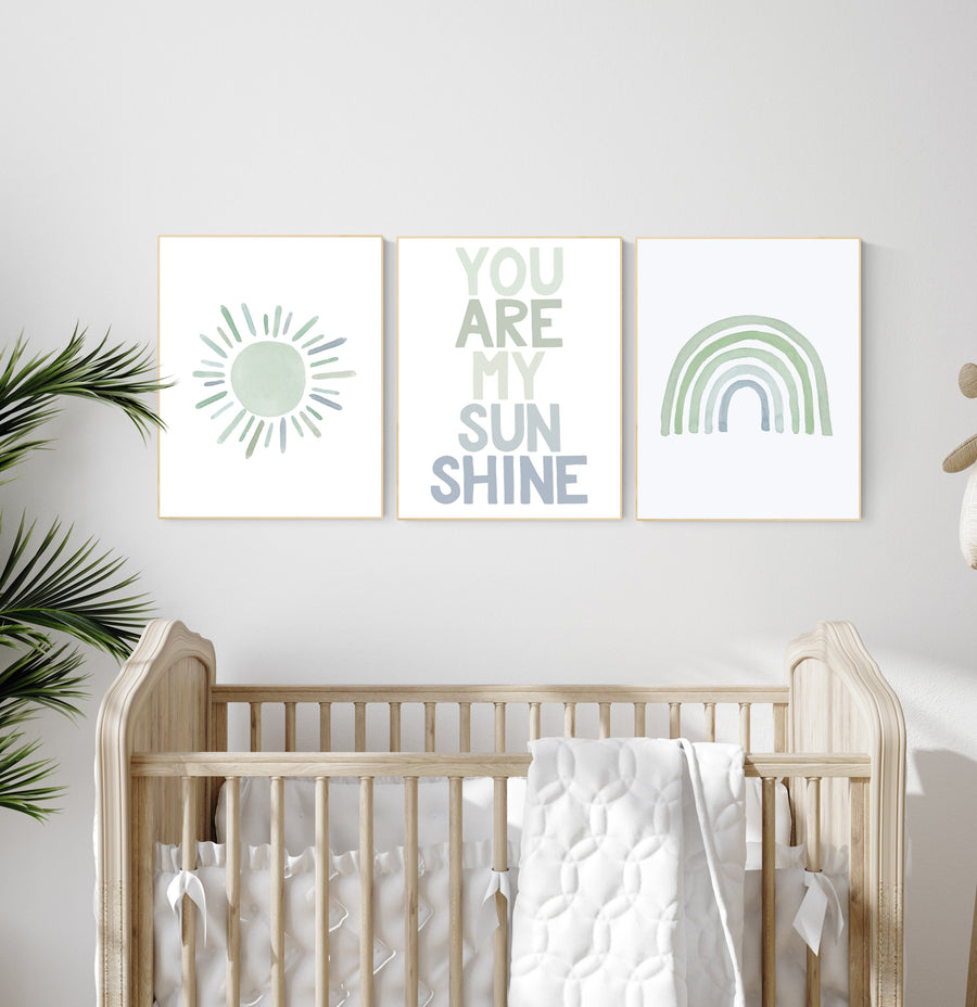 Nursery prints rainbow, gender neutral, sage green nursery wall decor, rainbow, sun, your are my sunshine, nursery decor neutral, green