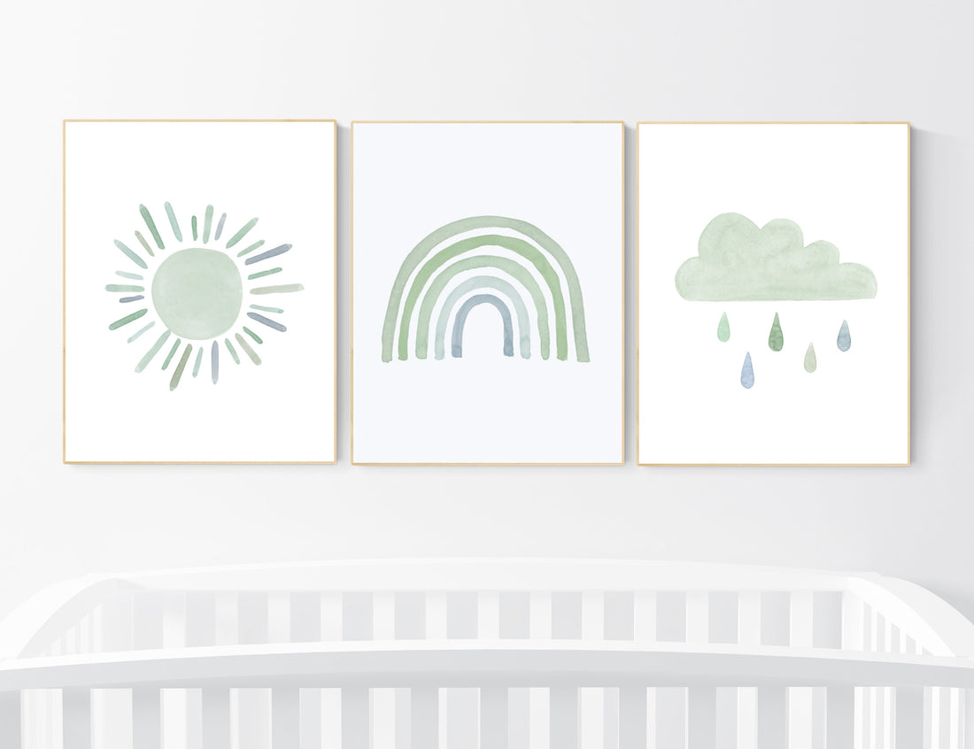 Nursery prints rainbow, gender neutral, sage green nursery wall decor, rainbow, moon, cloud, nursery wall art, nursery decor neutral, green