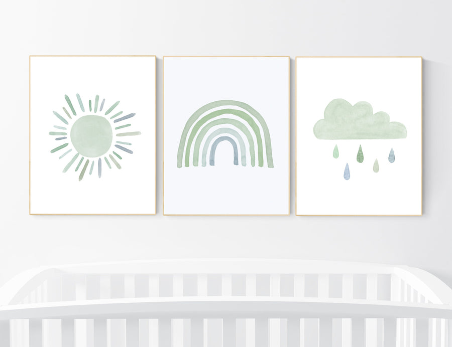 Nursery prints rainbow, gender neutral, sage green nursery wall decor, rainbow, moon, cloud, nursery wall art, nursery decor neutral, green