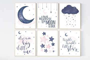 Nursery decor, pink and navy nursery art, navy pink, stars, moon, cloud, twin nursery, gender neutral, dream big little one