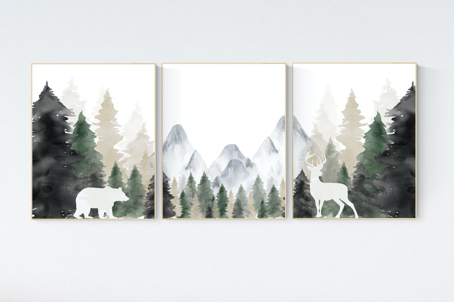 Nursery decor woodland, mountain wall art, tree nursery decor, adventure theme nursery, forest, sage green, beige, woodland animals