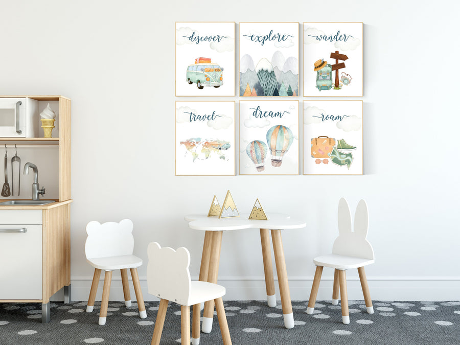 Travel nursery print, Explore nursery wall art, Baby boy nursery, Adventure Set of 6 prints, Camping Prints, Adventure Nursery Decor