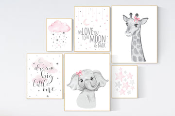 Nursery wall art girl animals, pink grey, elephant, giraffe, animal prints, nursery decor girl pink, moon and stars, girl nursery decor