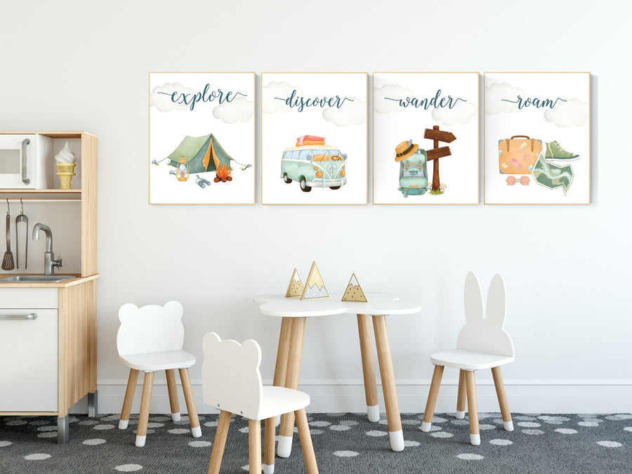 Travel nursery print, Explore nursery wall art, Baby boy nursery, Adventure Set of 6 prints, Camping Prints, Adventure Nursery Decor