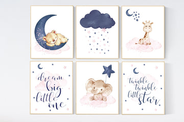 Nursery decor animals, pink and navy nursery art, navy pink, stars, moon, cloud, twin nursery, gender neutral, dream big little one