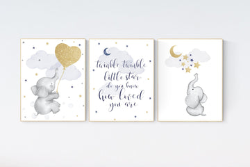 Navy nursery decor, cloud and stars, moon and stars, navy gold nursery art. baby room wall art, boy nursery decor, set of 3, nursery art