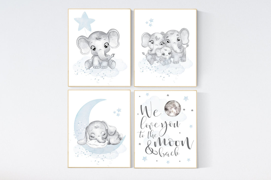Nursery decor boy, nursery decor elephant, nursery wall art, nursery art, blue nursery decor, moon and stars, elephant nursery prints