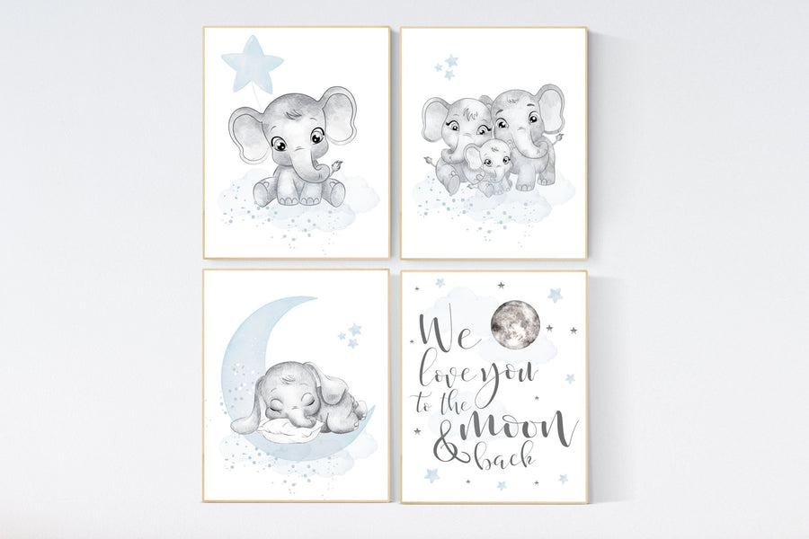 Nursery decor boy, nursery decor elephant, nursery wall art, nursery art, blue nursery decor, moon and stars, elephant nursery prints