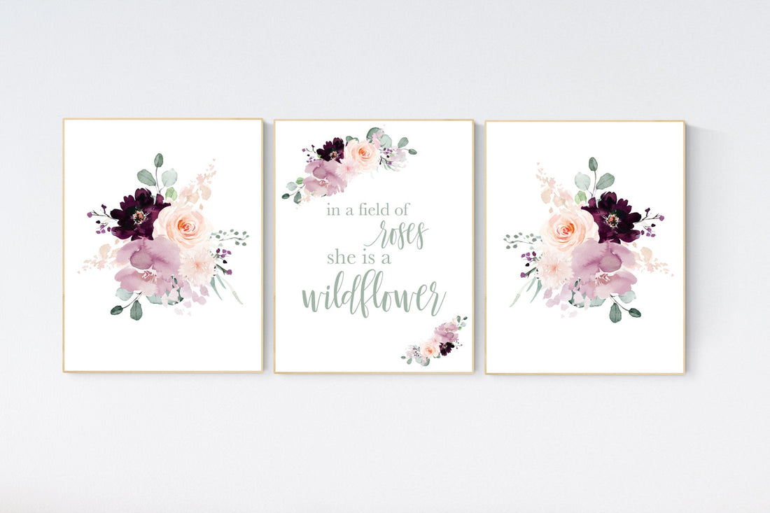 Nursery decor girl purple, mauve, Burgundy, floral nursery, flower nursery, butterfly, nursery prints girl, nursery wall decor girl, flower