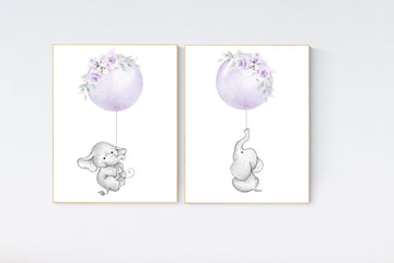 Purple nursery, nursery decor girl boho, nursery wall art elephant, nursery wall art girl, nursery prints girl floral, lilac, lavender