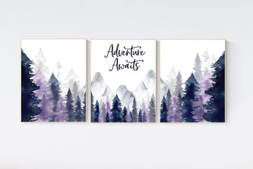 Nursery decor woodland, mountain wall art, tree nursery decor, adventure theme nursery, forest, navy, purple nursery, woodland animals