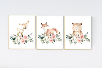 Nursery decor girl boho, woodland animals, floral nursery, Woodland Nursery Wall Art, Woodland Print Set, Woodland Animal Prints