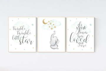 Nursery decor elephant, mint gold baby nursery, nursery decor boy and girl, cloud and star nursery, moon nursery decor, gender neutral