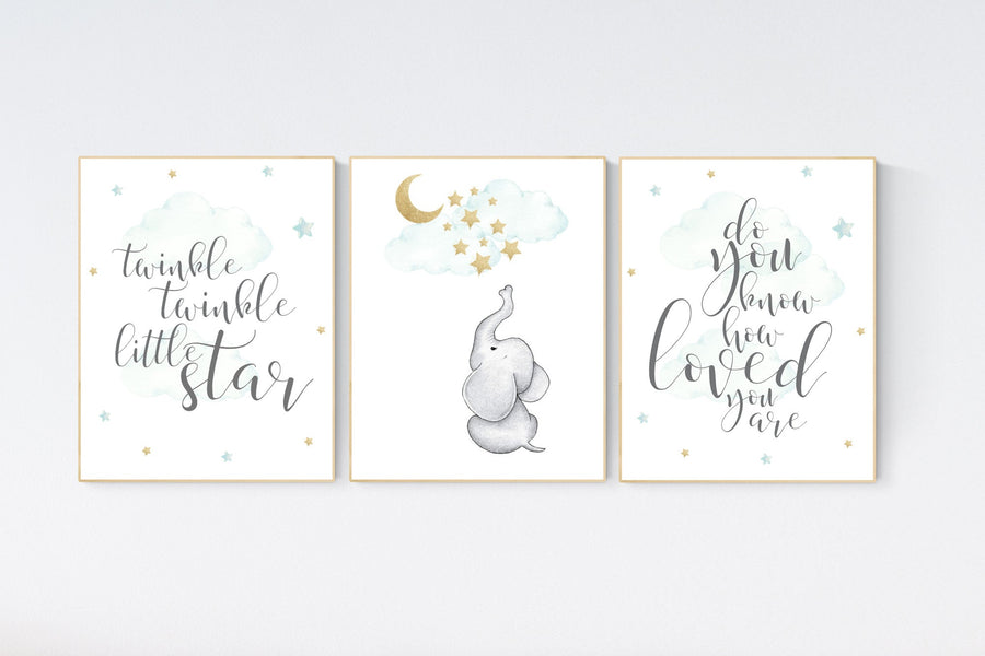 Nursery decor elephant, mint gold baby nursery, nursery decor boy and girl, cloud and star nursery, moon nursery decor, gender neutral