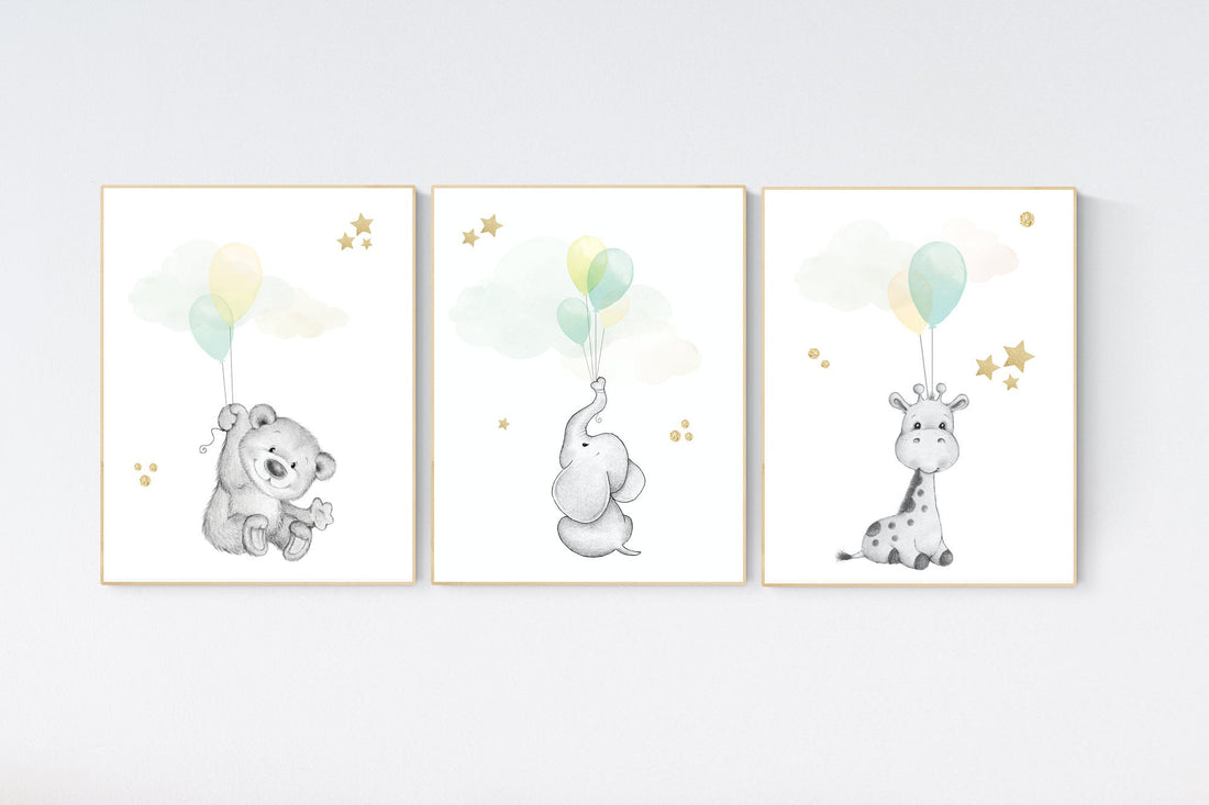 Mint yellow nursery, Nursery decor animals, neutral nursery, elephant nursery, mint yellow nursery, gender neutral, mint green, giraffe bear