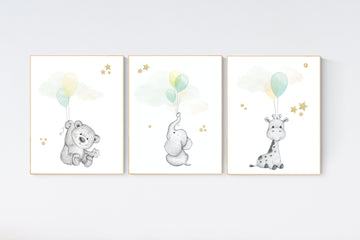 Mint yellow nursery, Nursery decor animals, neutral nursery, elephant nursery, mint yellow nursery, gender neutral, mint green, giraffe bear