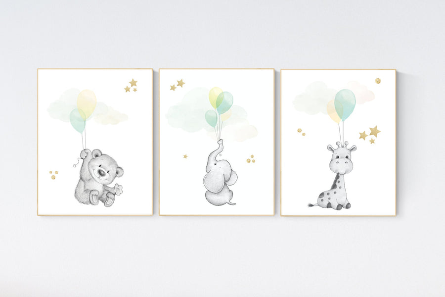 Mint yellow nursery, Nursery decor animals, neutral nursery, elephant nursery, mint yellow nursery, gender neutral, mint green, giraffe bear