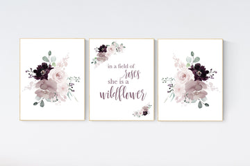 Nursery decor girl purple, dark mauve, dark Burgundy, floral nursery, flower nursery, butterfly, nursery prints girl, nursery wall decor