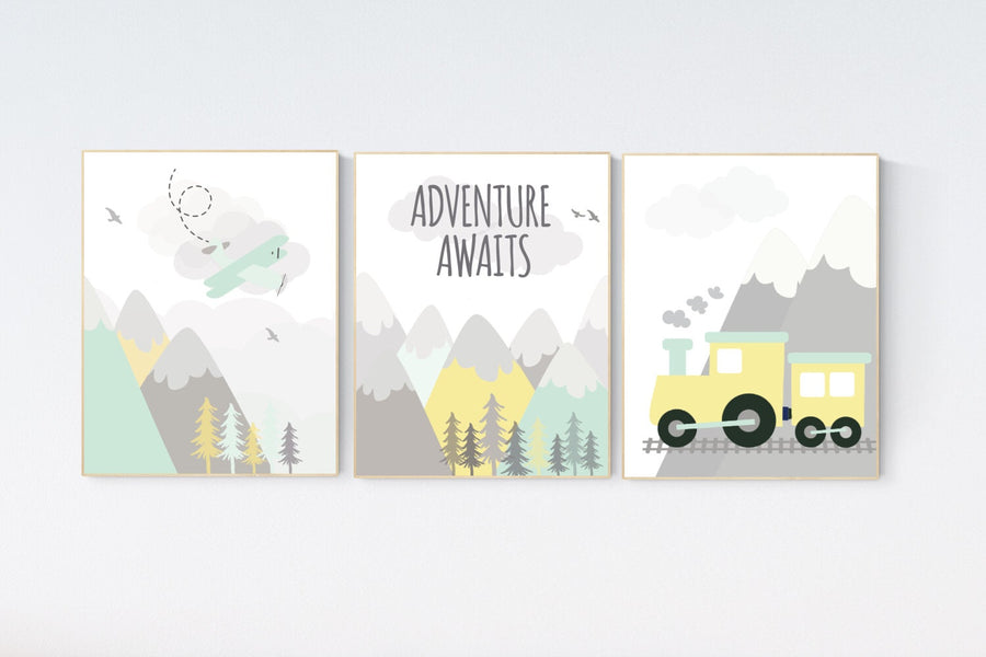 Adventure nursery decor, nursery decor airplane, world map nursery, adventure awaits, yellow mint nursery, travel theme, gender neutral