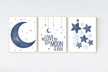 Nursery decor boy navy blue, Nursery wall art boy, navy nursery decor, moon and stars, we love you to the moon and back, nursery prints boy