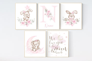 Nursery wall art bunny, pink nursery decor, Nursery decor girl flower bunny, bunny print nursery girl, rabbit nursery, rabbit print nursery