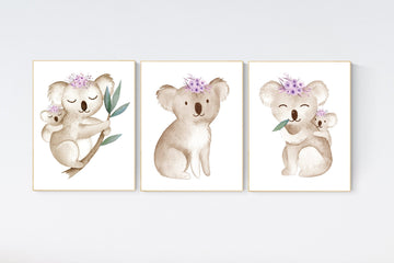 Nursery decor girl, koala nursery, purple nursery art, nursery prints animals, lilac nursery decor, lavender nursery, koala bear nursery