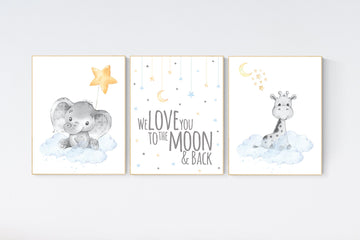 Nursery wall art elephant, neutral nursery, Gender neutral nursery, we love you to the moon and back, Baby wall decor, baby room decor, moon