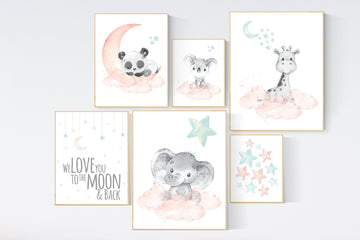 Nursery decor mint coral, animal prints, mint and coral, elephant, giraffe, panda, koala, we love you to the moon and back, gender neutral