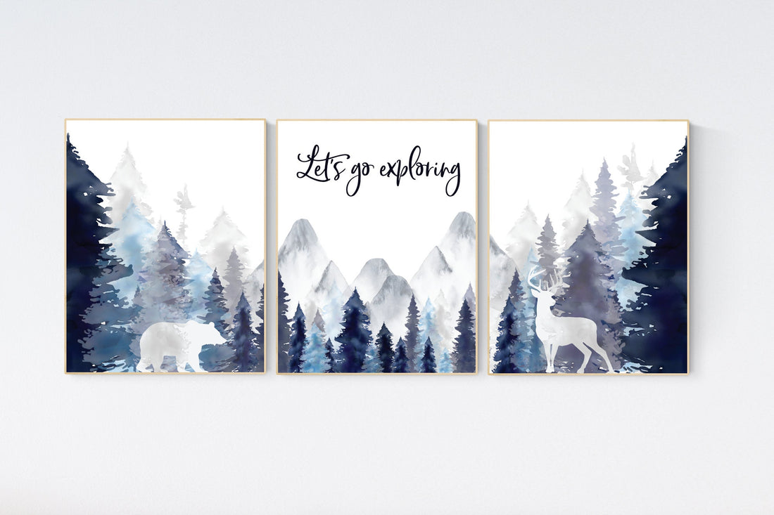 Nursery decor woodland, mountain wall art, tree nursery decor, adventure theme nursery, forest, navy and baby blue, woodland animals
