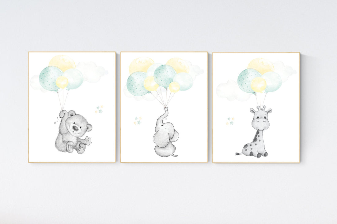 Mint yellow nursery, Nursery decor animals, neutral nursery, elephant nursery, mint yellow nursery, gender neutral, mint green, giraffe bear