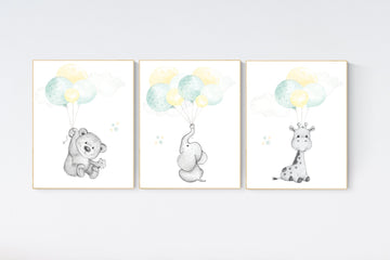 Mint yellow nursery, Nursery decor animals, neutral nursery, elephant nursery, mint yellow nursery, gender neutral, mint green, giraffe bear