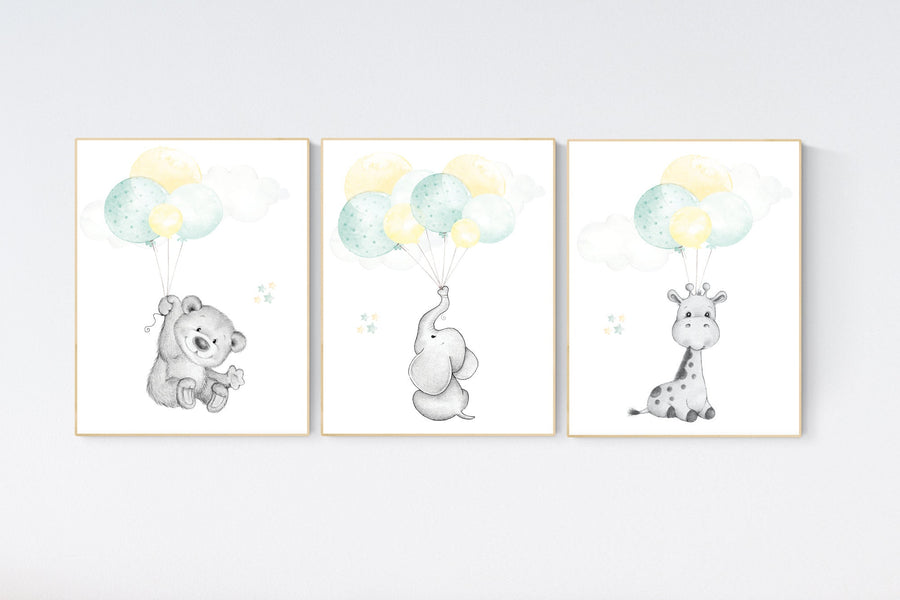 Mint yellow nursery, Nursery decor animals, neutral nursery, elephant nursery, mint yellow nursery, gender neutral, mint green, giraffe bear