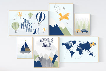 Adventure nursery decor, Nursery decor boy mountains adventure, nursery decor boy airplane, world map nursery, adventure awaits, navy yellow