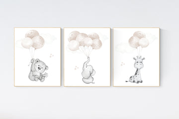 Nursery wall art animals, gray nursery, gender neutral nursery, neutral nursery, baby room decor, bear, elephant, giraffe, animal prints