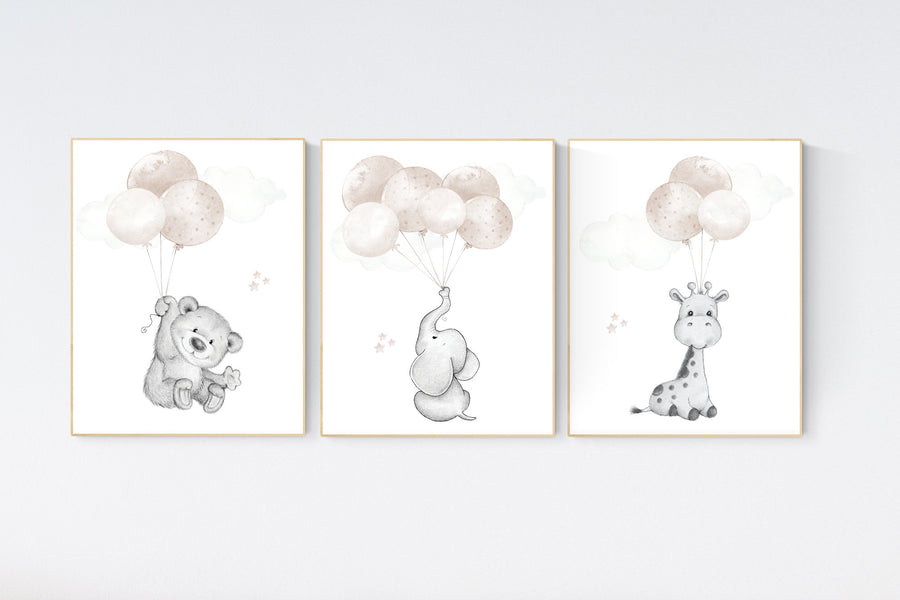 Nursery wall art animals, gray nursery, gender neutral nursery, neutral nursery, baby room decor, bear, elephant, giraffe, animal prints