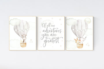 Nursery decor neutral, hot air balloon, woodland animals, gender neutral, baby room decor, elephant, bunny, giraffe, nursery prints