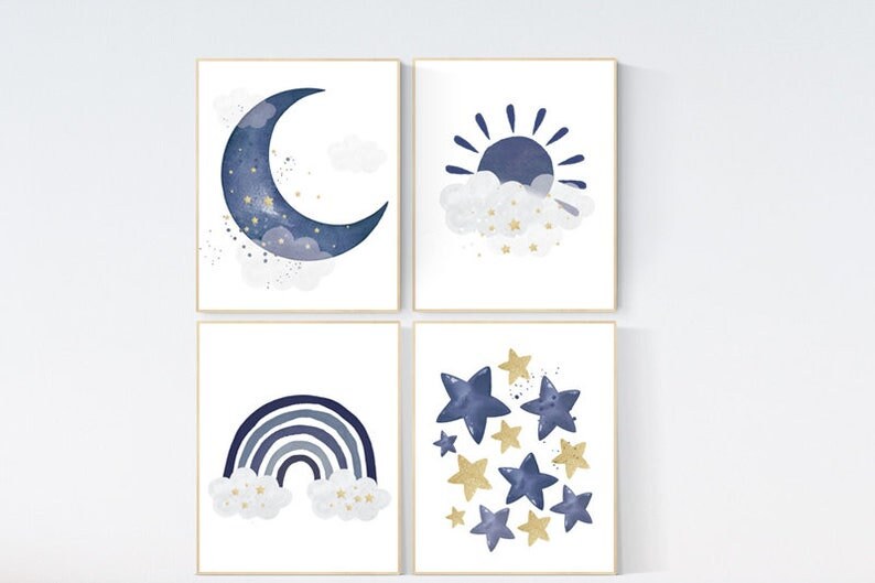 CANVAS LISTING: Navy gold nursery decor, boy nursery decor, rainbow, moon and stars, navy and gold, boy nursery wall decor