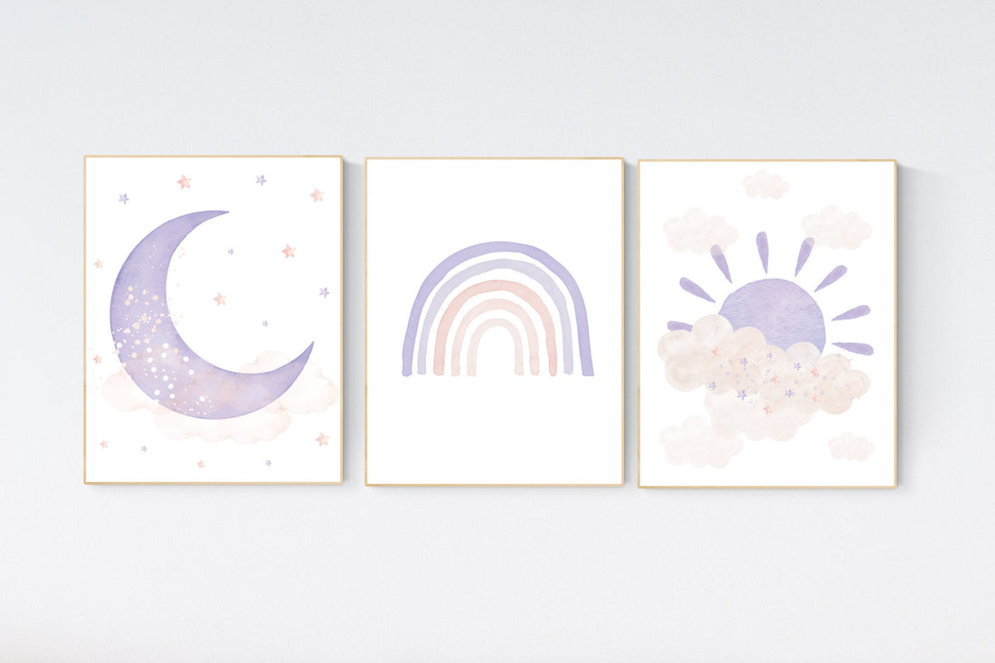 Nursery prints rainbow, blush pink purple, girl nursery, Nursery decor girl, nursery wall art, pink and purple, rainbow, moon, star, cloud