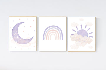 Nursery prints rainbow, blush pink purple, girl nursery, Nursery decor girl, nursery wall art, pink and purple, rainbow, moon, star, cloud