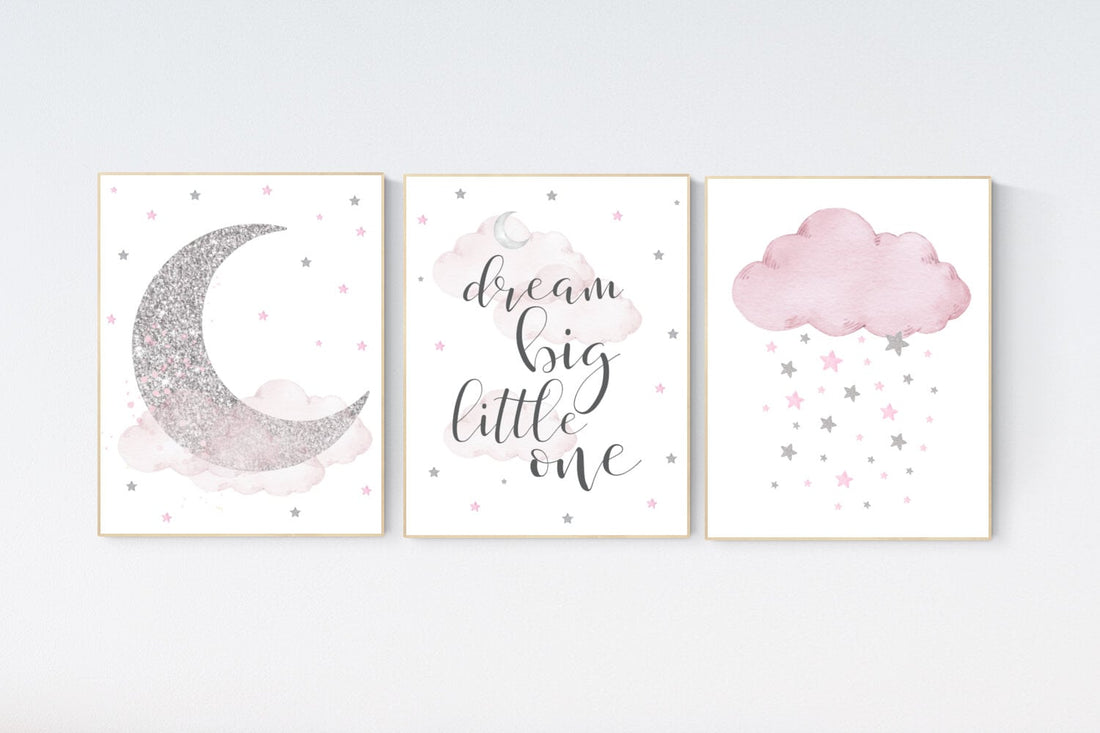 Nursery wall art girl, mauve and silver nursery, cloud, stars, pink nursery art, cloud and stars, baby room decor for girls