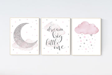 Nursery wall art girl, mauve and silver nursery, cloud, stars, pink nursery art, cloud and stars, baby room decor for girls