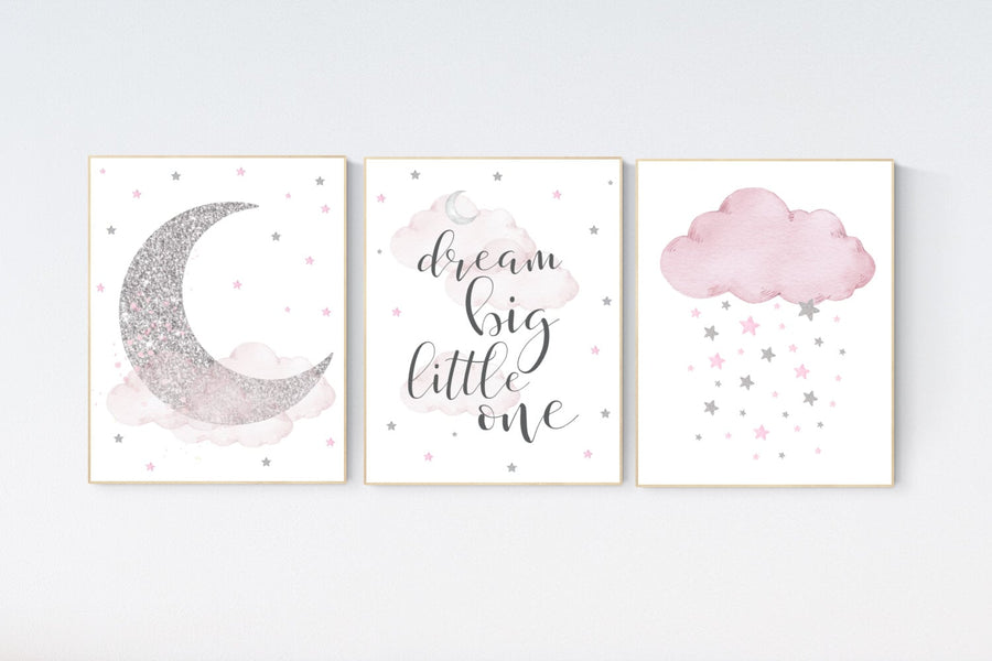 Nursery wall art girl, mauve and silver nursery, cloud, stars, pink nursery art, cloud and stars, baby room decor for girls