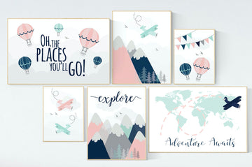 Adventure nursery decor, blush pink mint , mountain art print set, pink navy wall art, airplane, world map, adventure awaits hot air balloon