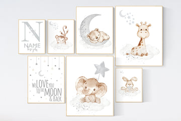 Nursery wall art animals, gray nursery, gender neutral nursery, neutral nursery, baby room decor, bear, elephant, giraffe, animal prints